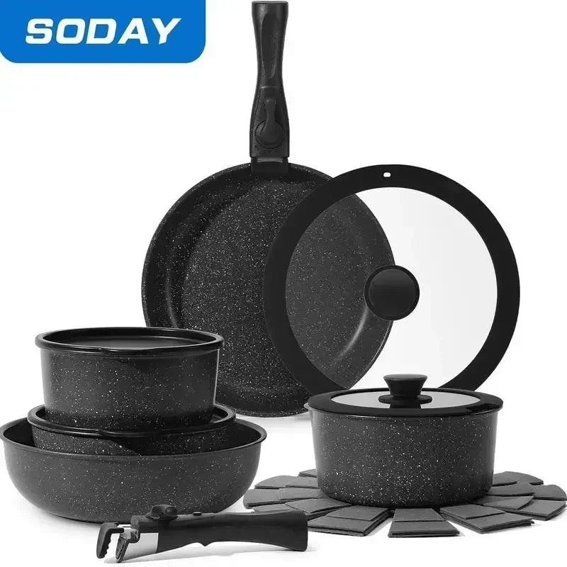 SODAY 15pcs Pots and Pans Set Nonstick - Kitchen Cookware Set with Detachable Handle, Induction Cookware, Dishwasher Oven Safe