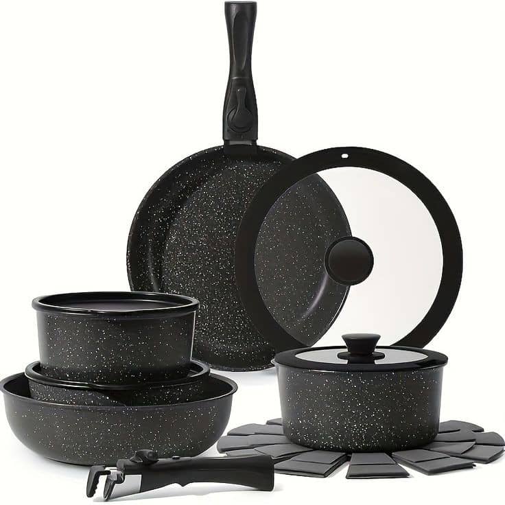 15 Piece Nonstick Pots and Pans Set, Ceramic Cookware with Removable Handle, Nonstick RV Cookware Set, Removable Handles, Oven Safe, Fast Induction, Stackable Nonstick Set 